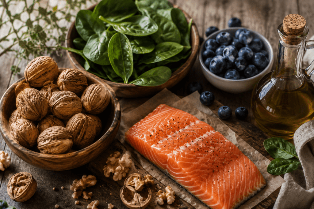 Brain-protective foods including salmon walnuts blueberries and olive oil for Alzheimer's prevention