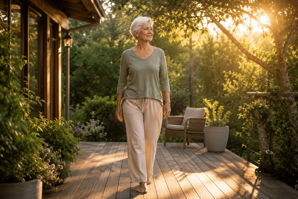 Older woman walking peacefully outdoors breaking cortisol belly fat cycle
