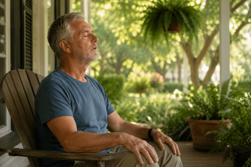 Senior man practicing slow breathing exercise outdoors to reduce blood pressure