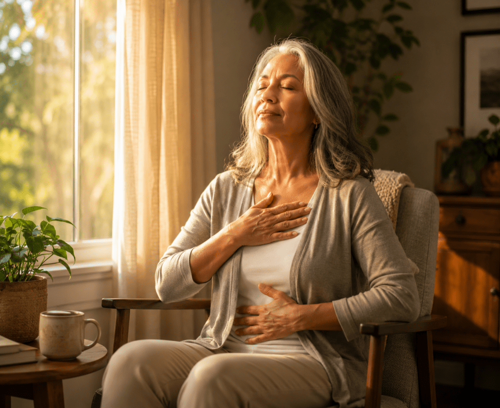 Woman in her 60s practicing diaphragmatic breathing to lower blood pressure at home