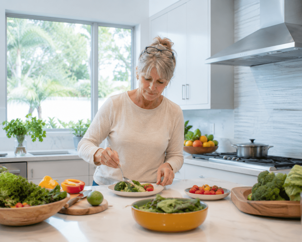 Woman in her 60s mindfully portioning a healthy meal in bright kitchen
