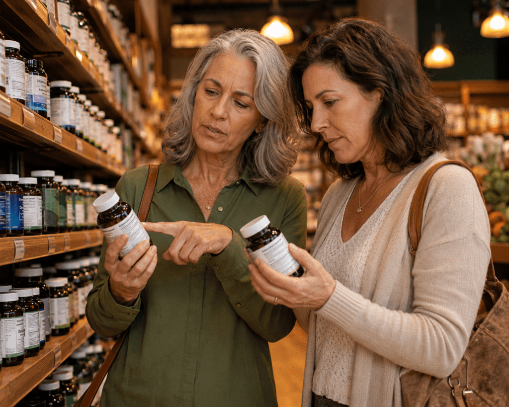 Two women in their 60s carefully comparing anti-aging supplement labels in store