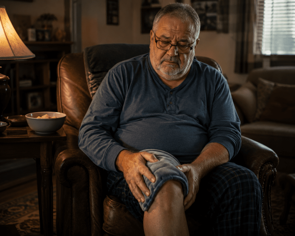 Older man using heating pad on knee showing chronic joint inflammation pain