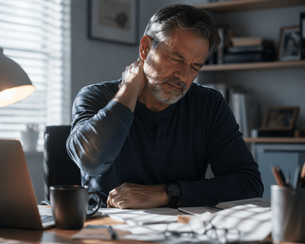 Stressed older man at desk illustrating cortisol fat storage mechanism
