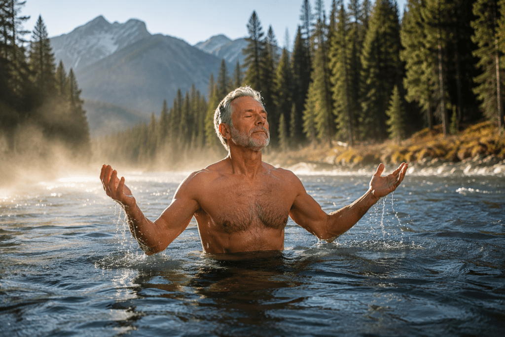 Man in his 60s experiencing cold water therapy in mountain river