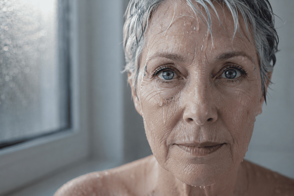 Senior woman with sharp alert eyes after cold water therapy exposure
