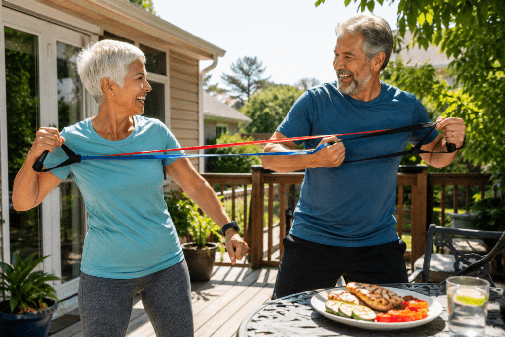 Active couple in their 60s doing resistance band exercises outdoors with healthy meal nearby
