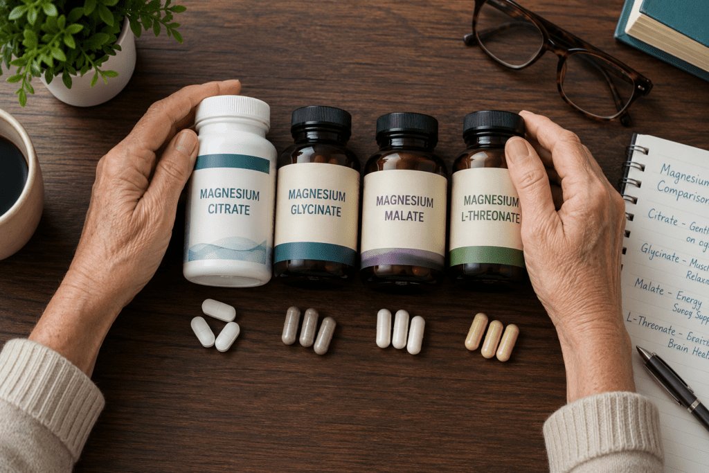 senior woman's hands comparing different magnesium supplement bottles on desk