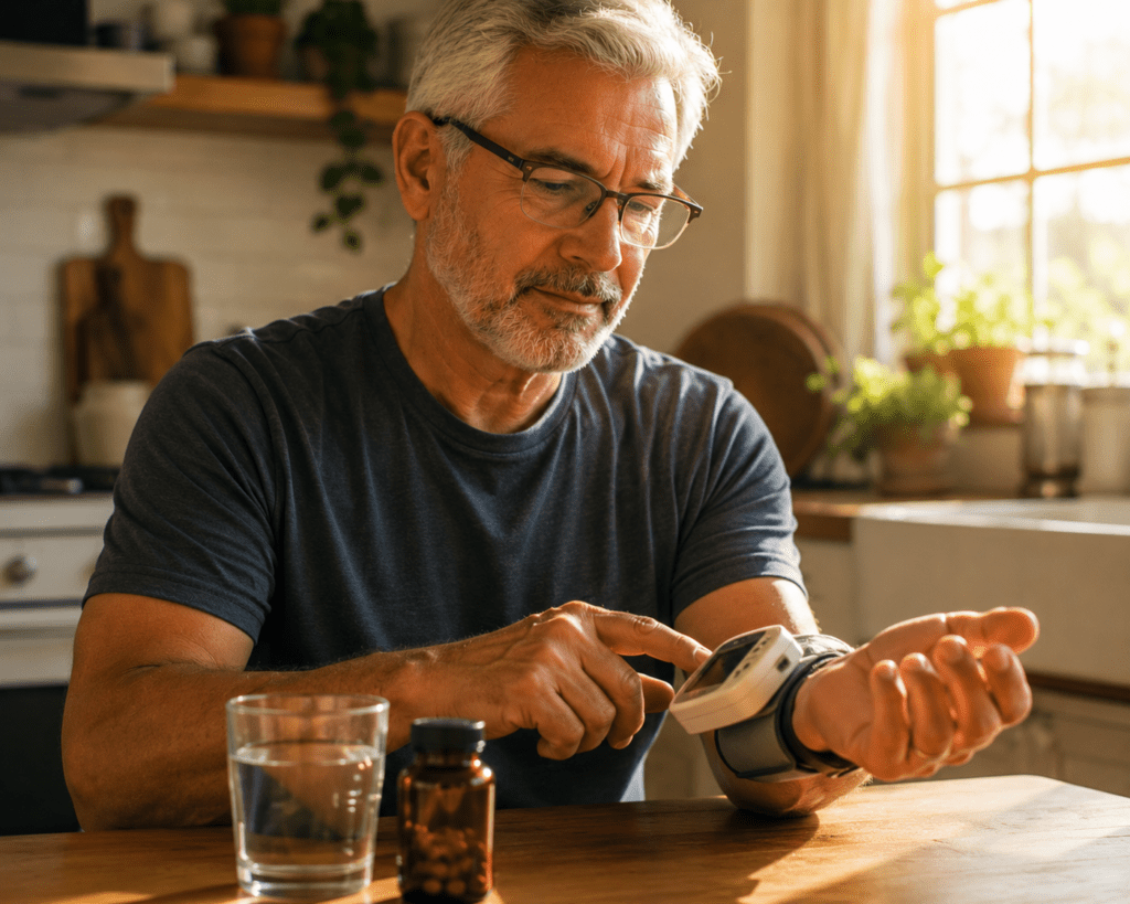 Older man using wrist blood pressure monitor at kitchen table with CoQ10 supplement