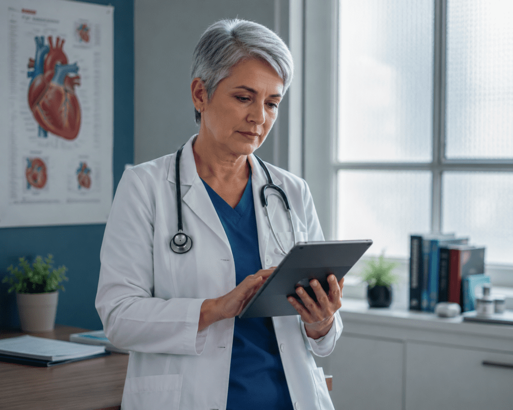Female cardiologist reviewing CoQ10 clinical trial heart health data on tablet
