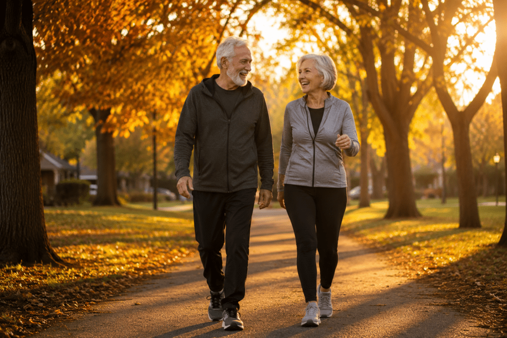 Active couple in their 60s walking outdoors enjoying heart health benefits of CoQ10
