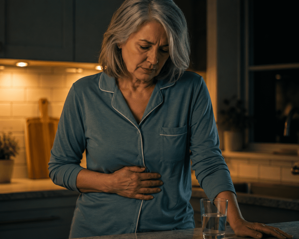 Older woman holding abdomen at night showing cortisol belly fat stress
