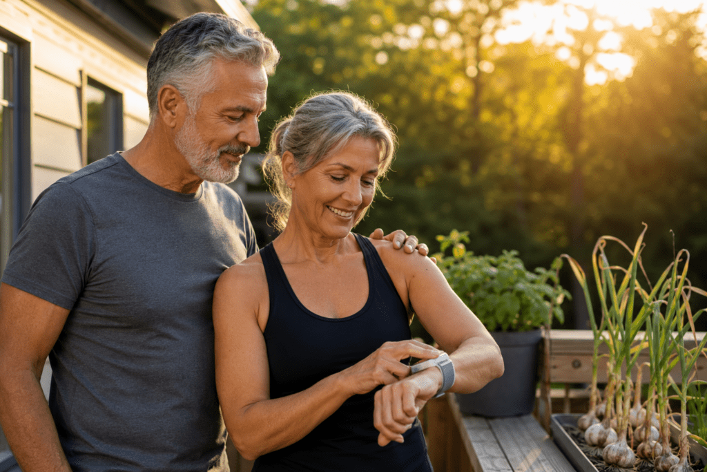 Older couple checking blood pressure monitor results on sunny backyard porch together