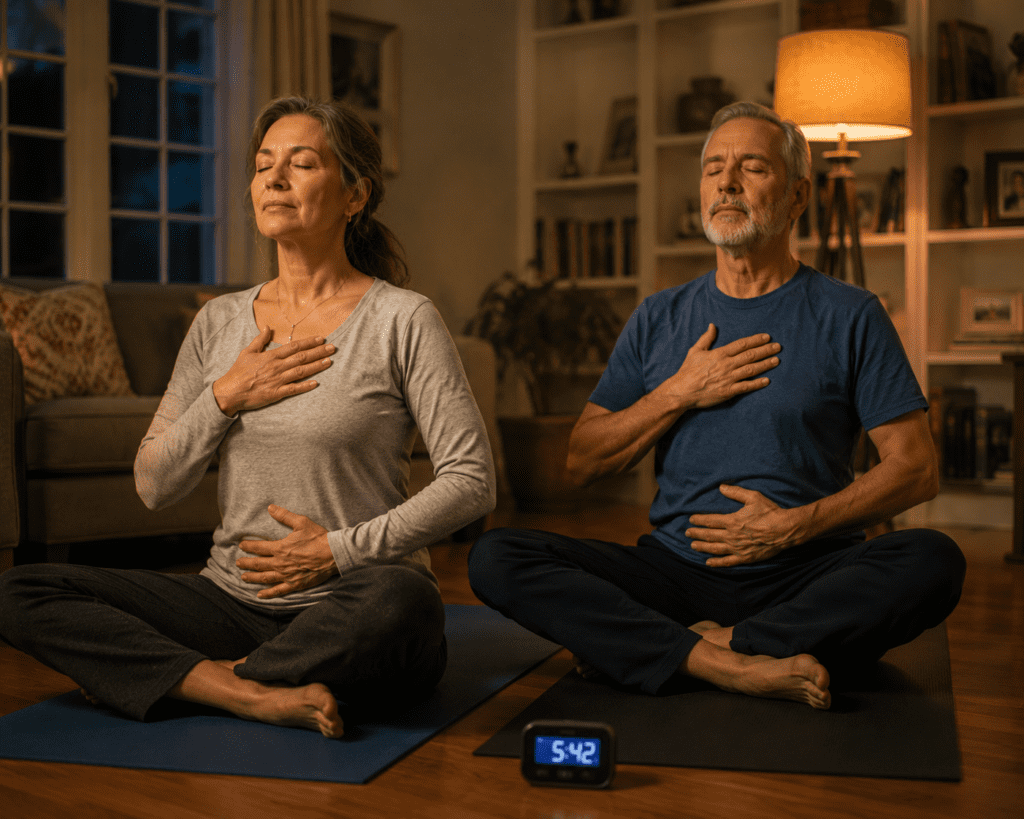 Older couple practicing daily resonance breathing routine together on living room floor
