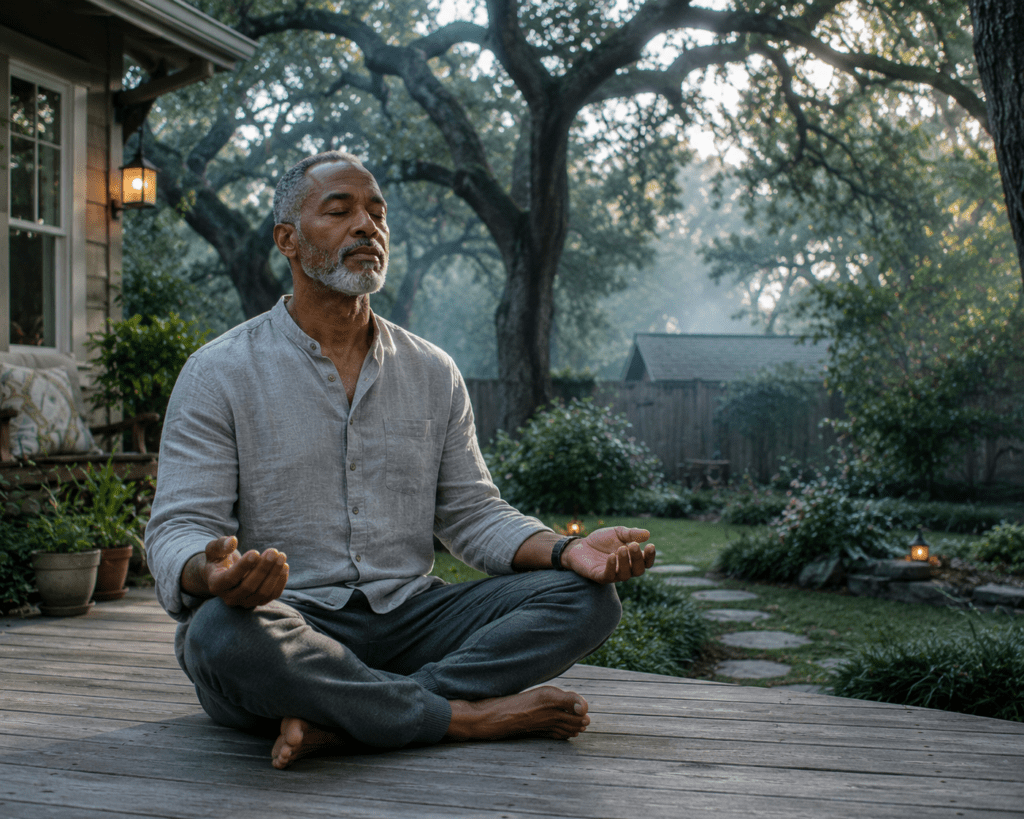 Older man practicing morning breathing exercises outdoors to reduce blood pressure anxiety
