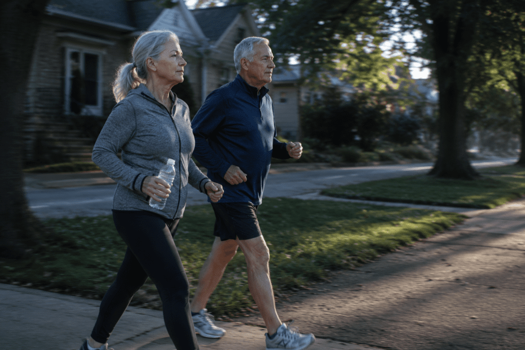 Active couple in their 60s walking outdoors as daily blood sugar habit
