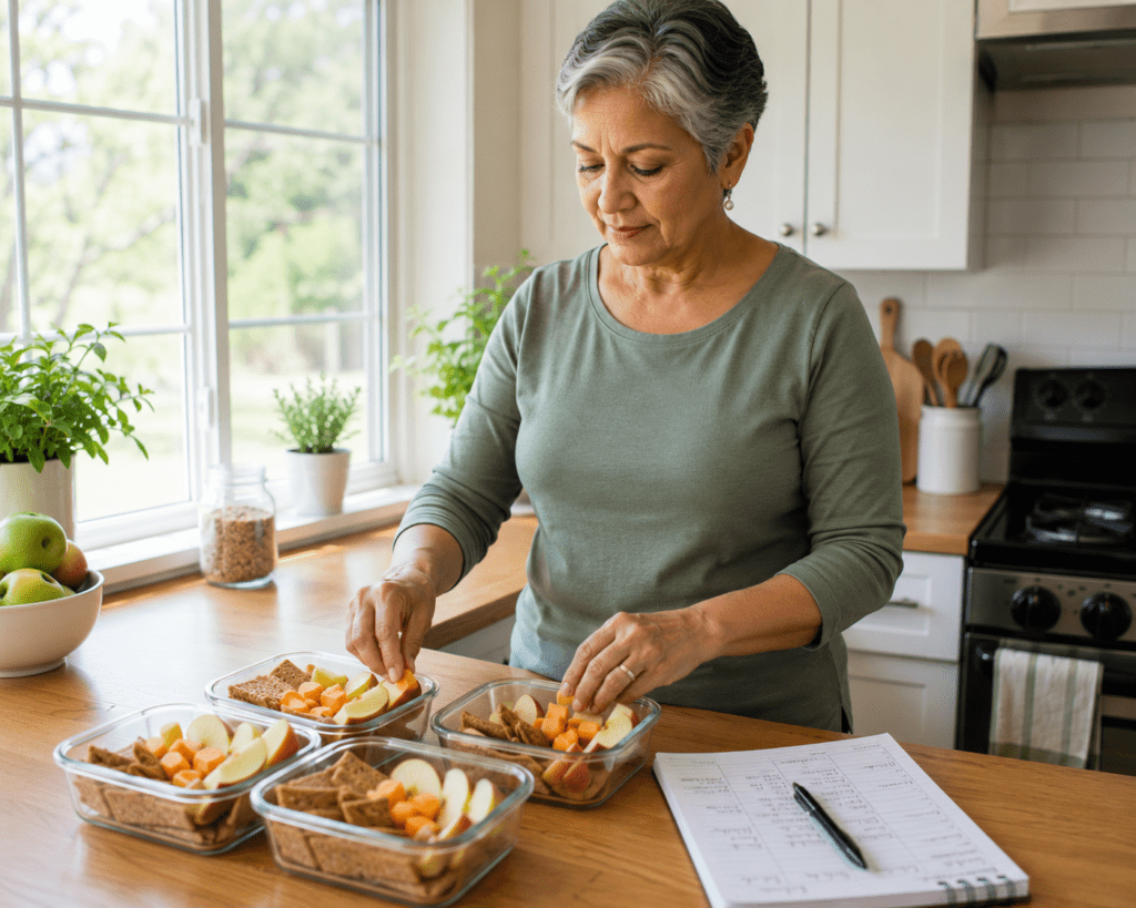 Older Hispanic woman preparing blood sugar-stabilizing snack containers with meal plan