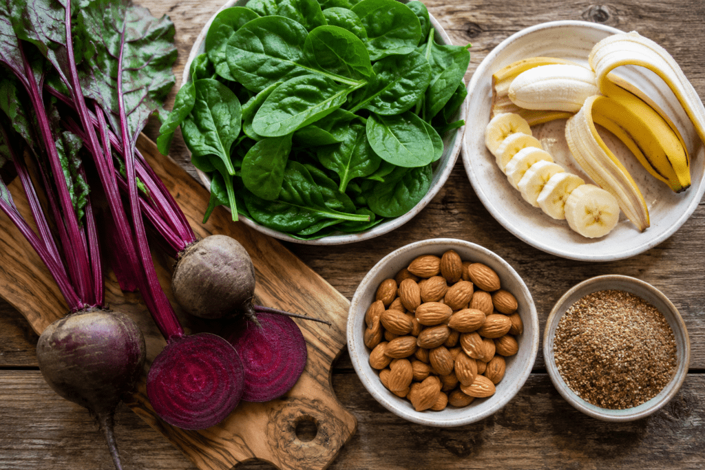 DASH diet foods including beets spinach and almonds for blood pressure