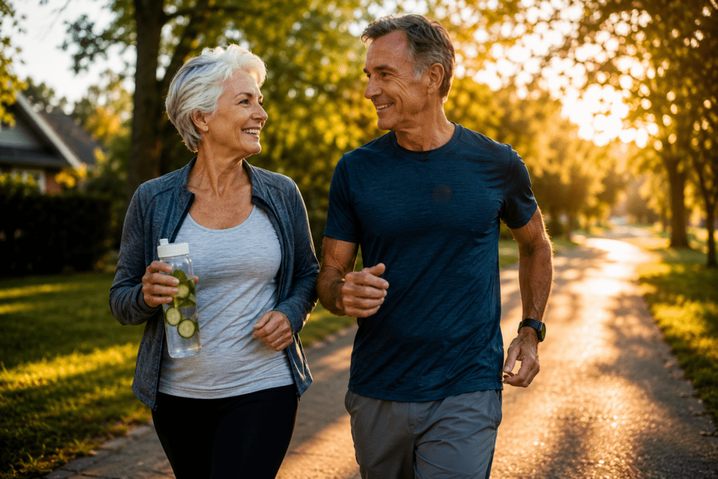 Active senior couple walking outdoors carrying cucumber mint infused water

