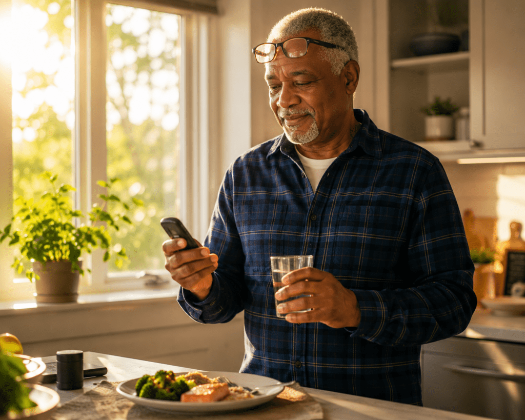 Older man checking blood glucose monitor as part of daily diabetic eating routine