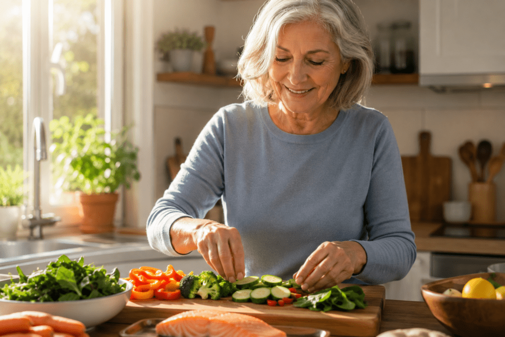 Senior man organizing diabetic meal prep containers with healthy food