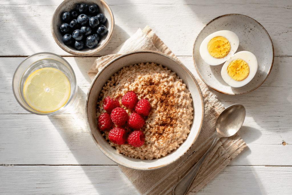 Healthy diabetic breakfast with oatmeal berries and eggs for meal plan