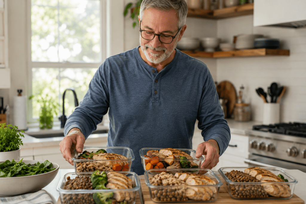 Senior man organizing diabetic meal prep containers with healthy food