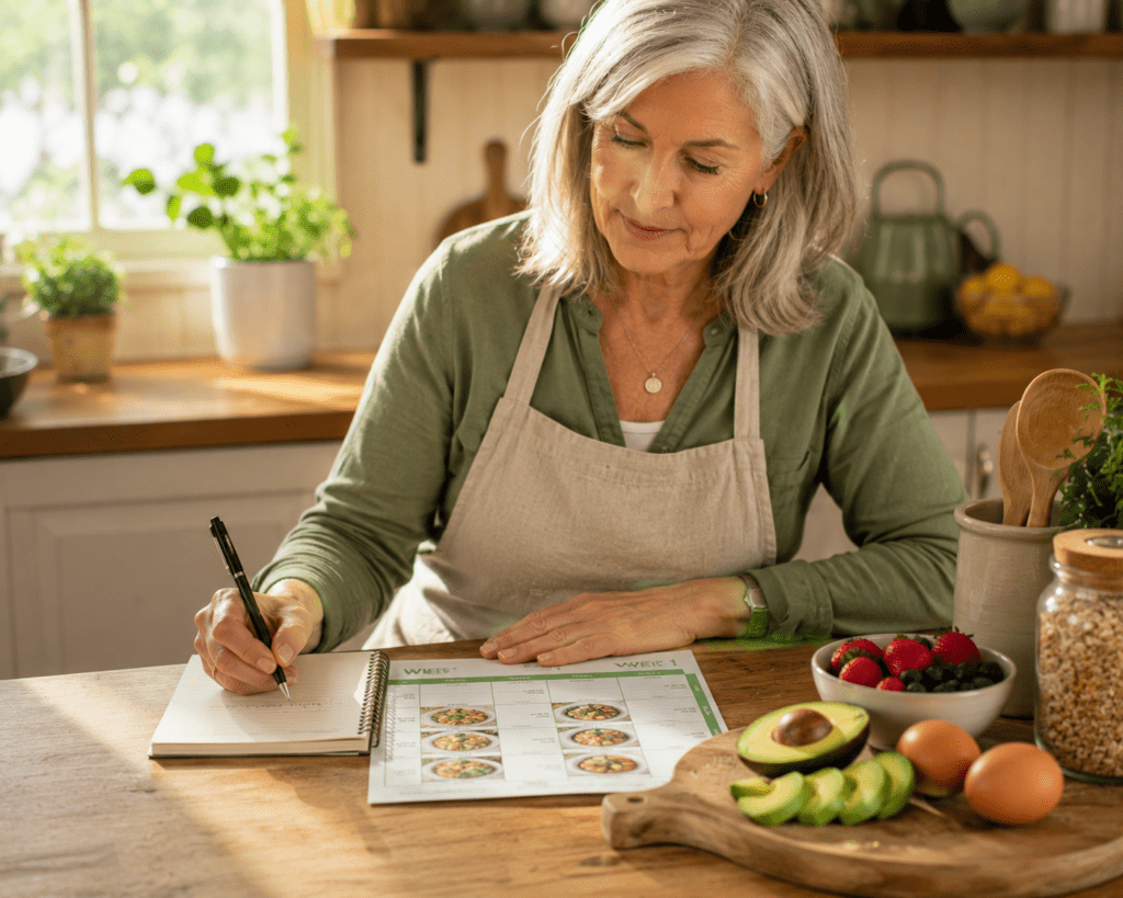 Senior woman writing week one diabetic eating plan beside healthy breakfast foods