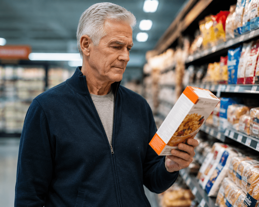 Older man in grocery store examining sugary cereal box with skeptical expression
