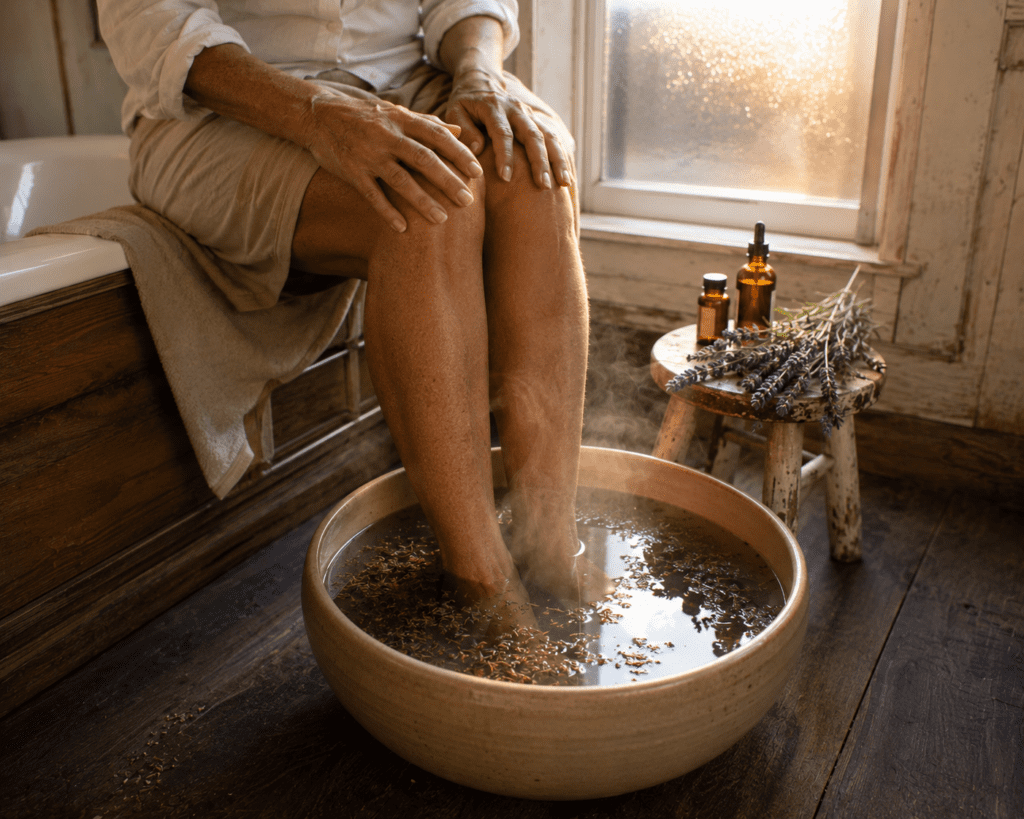 Older woman soaking diabetic feet in herbal warm water bowl at home