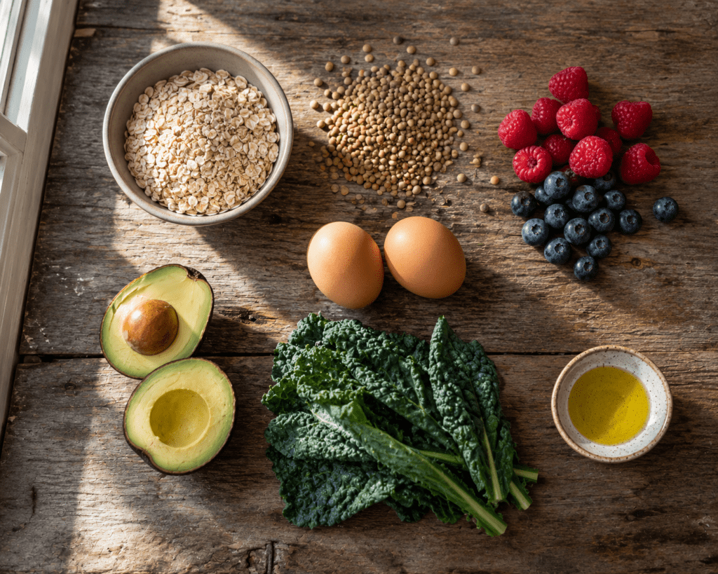Low-glycemic foundation foods for beginner diabetic eating plan on wooden table