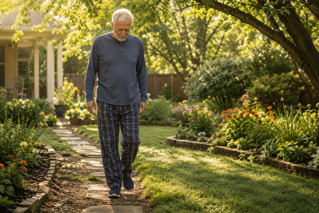 Senior man taking gentle morning walk for diabetic neuropathy lifestyle relief