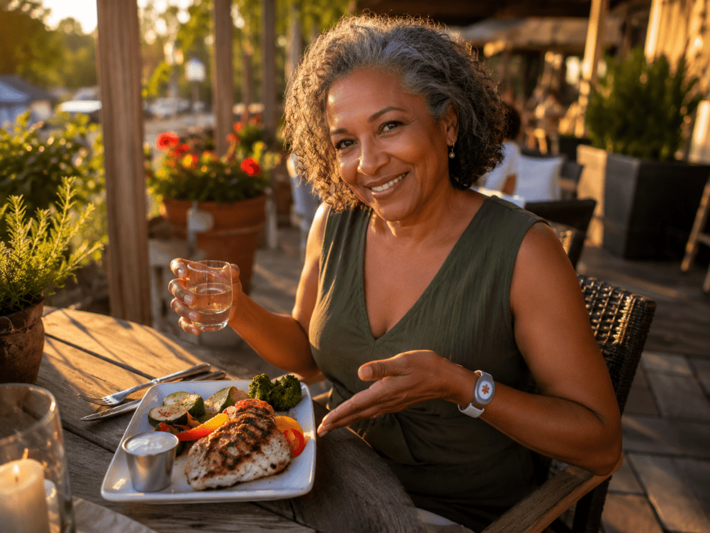 Confident older woman choosing dry wine at dinner while managing diabetes
