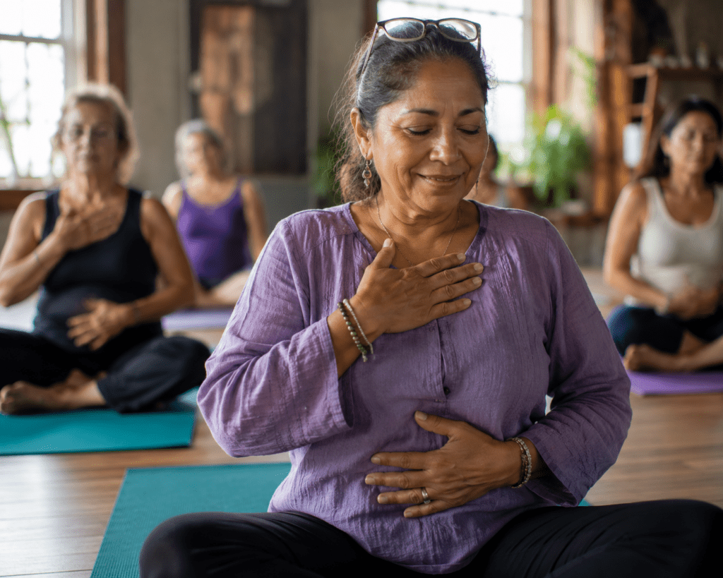Hispanic woman in her 60s practicing diaphragmatic breathing technique during yoga class
