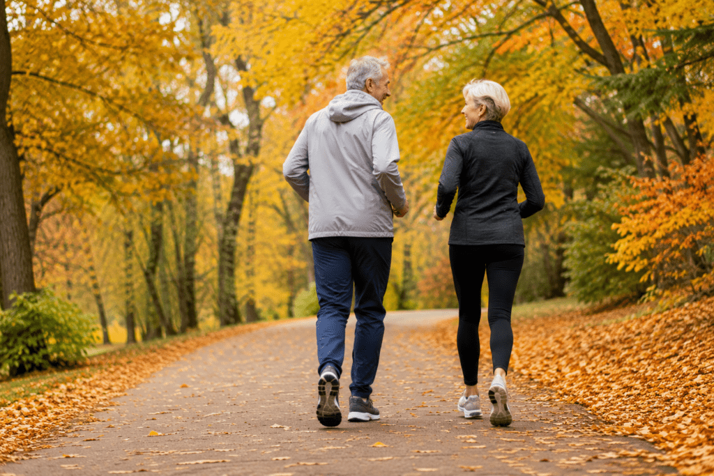 Active couple in their 60s walking outdoors with energy after addressing vitamin deficiencies
