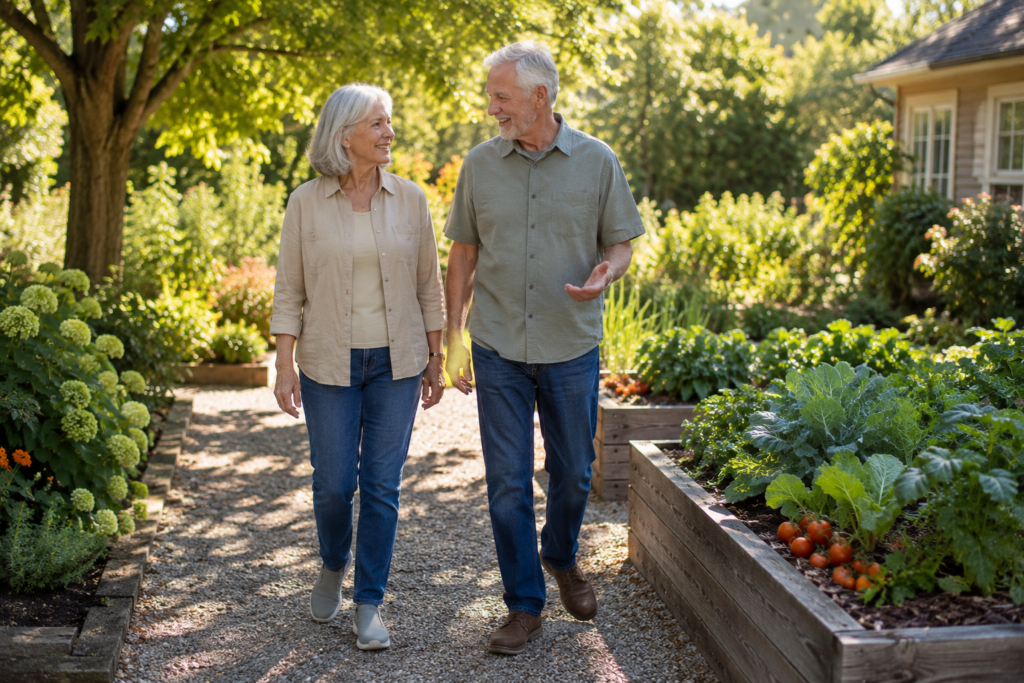 Senior couple walking together in backyard garden on bright morning