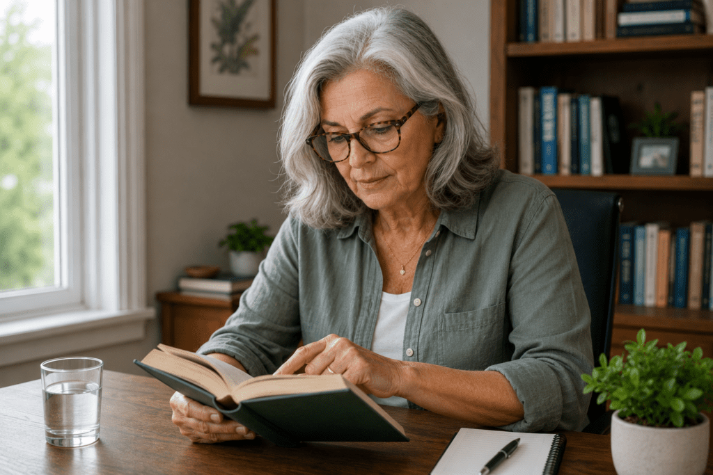 Senior woman reading book with focused expression at home office desk