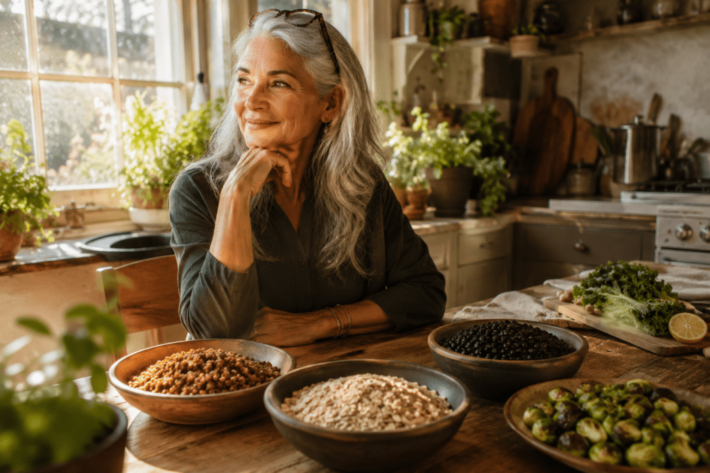 Woman in her 60s enjoying high-fiber legumes and vegetables for blood sugar