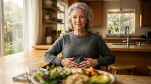 Senior woman resting hands on abdomen understanding leptin resistance and hunger signals
