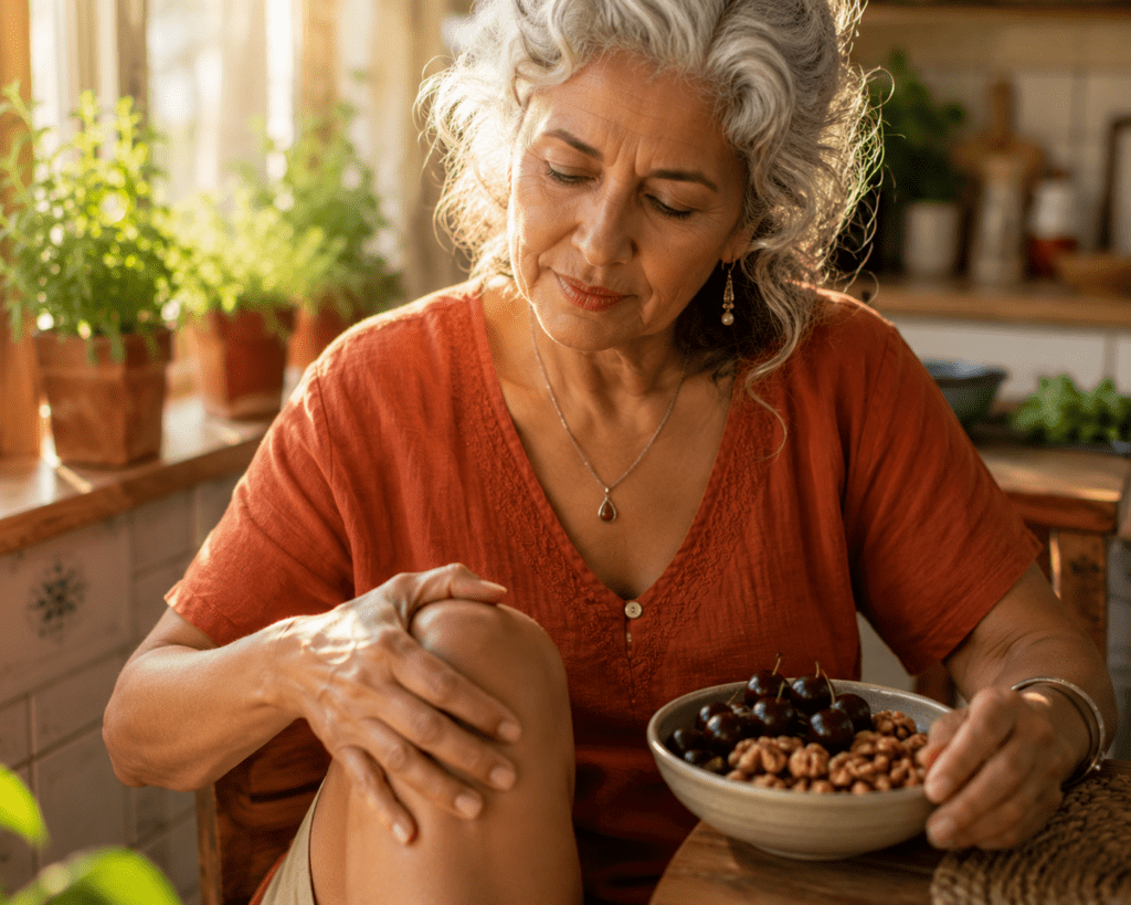 Woman in her 60s touching knee near anti-inflammatory foods on table