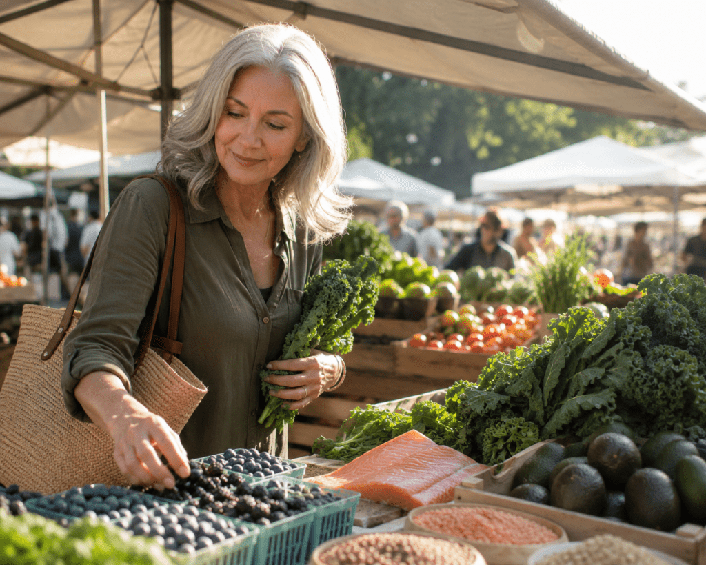 Woman choosing best foods for type 2 diabetes at farmers market