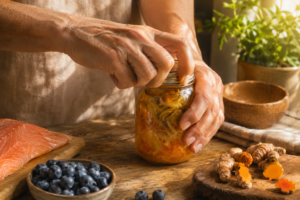 Older woman's hands opening jar easily beside anti-inflammatory foods