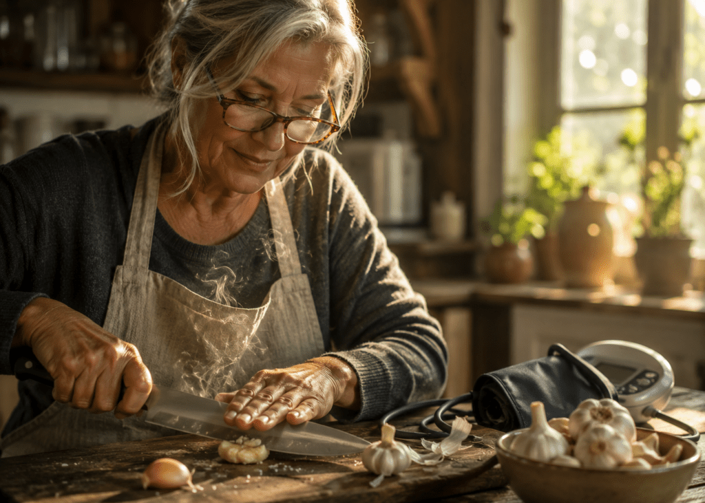 Older woman crushing fresh garlic clove beside blood pressure monitor on kitchen table