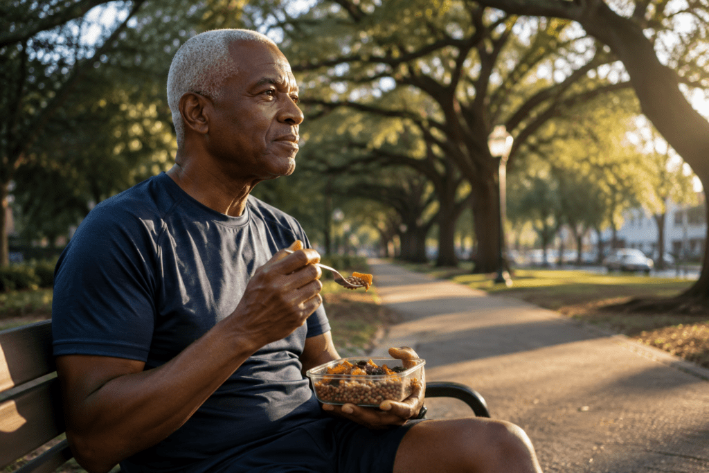 Senior man eating low GI meal outdoors understanding glycemic index and fat storage
