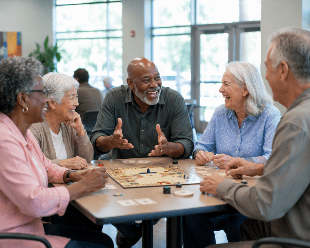 Diverse group of older adults playing board game together at community center for brain health
