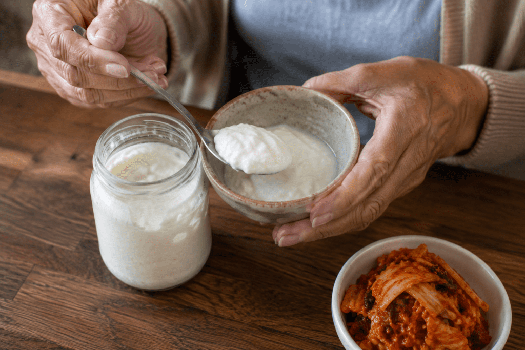 Senior woman's hands spooning yogurt into bowl beside kimchi dish