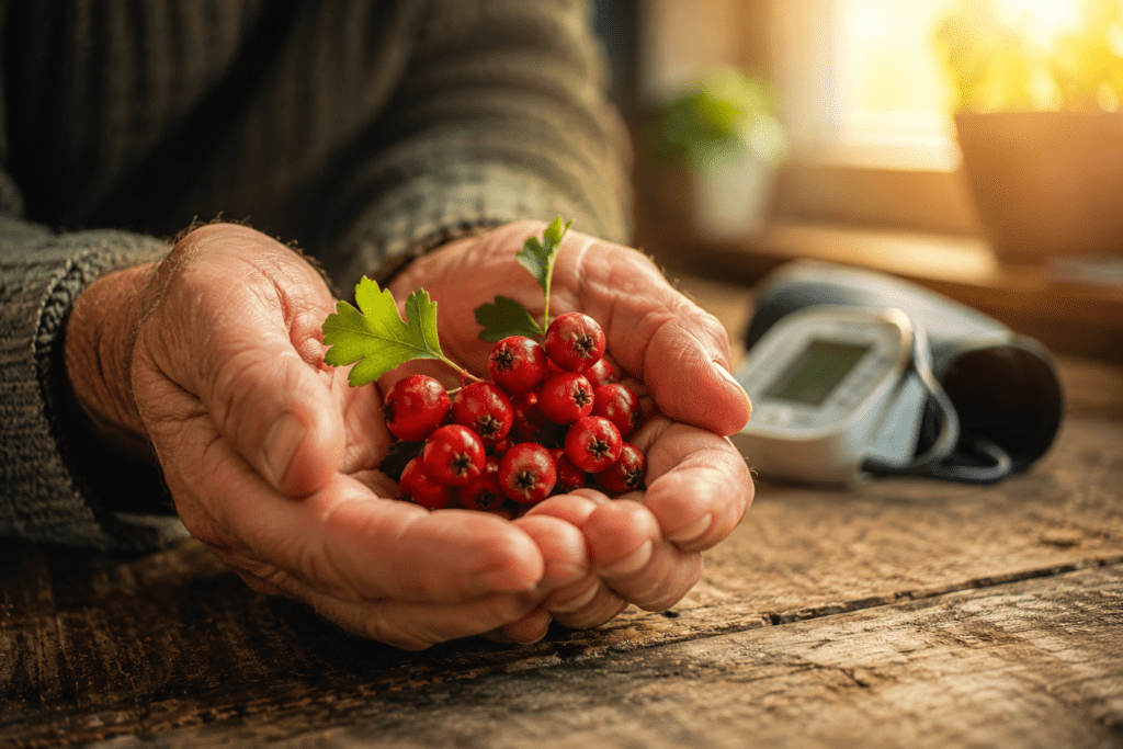 Older man holding fresh hawthorn berries for heart health support