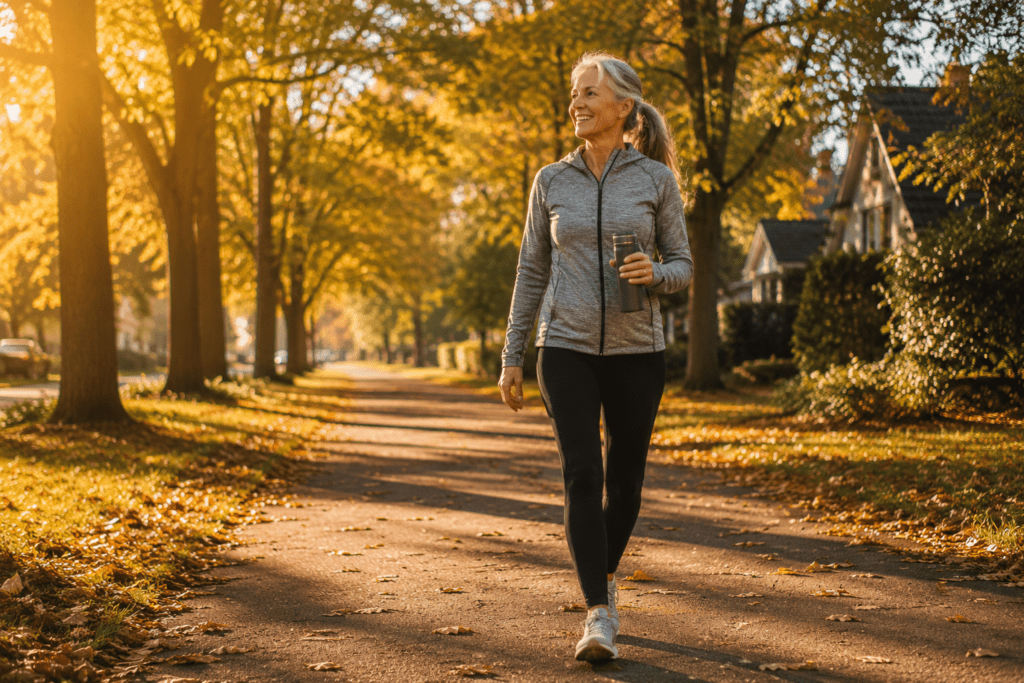 Active senior woman walking outdoors to support heart health naturally
