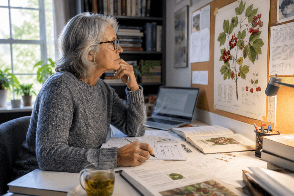 Senior woman researching hawthorn berry science and flavonoid benefits
