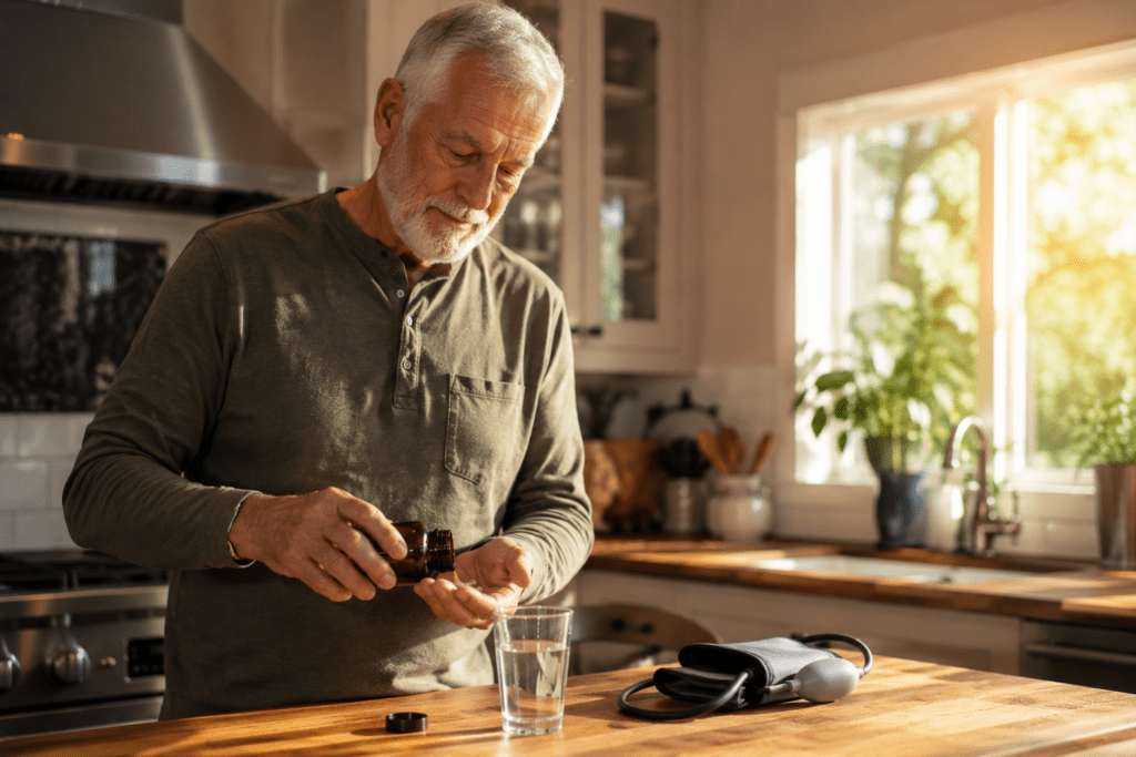 Senior man taking hawthorn berry supplement capsules for blood pressure
